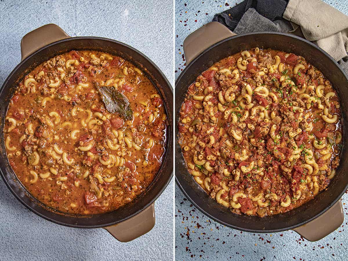 Simmering the goulash in a pot with pasta noodles