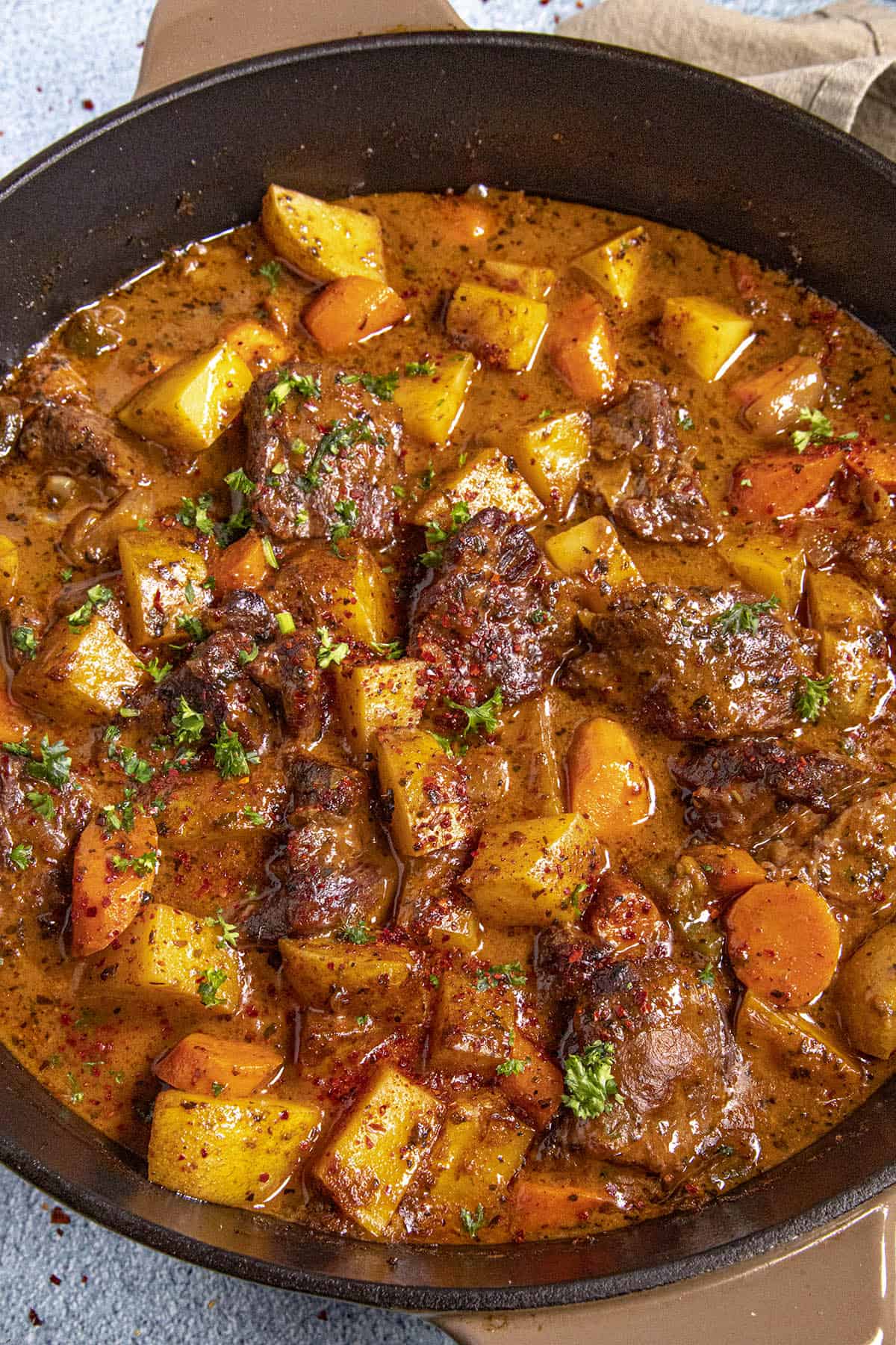 Chunky Beef Stew simmering a pot