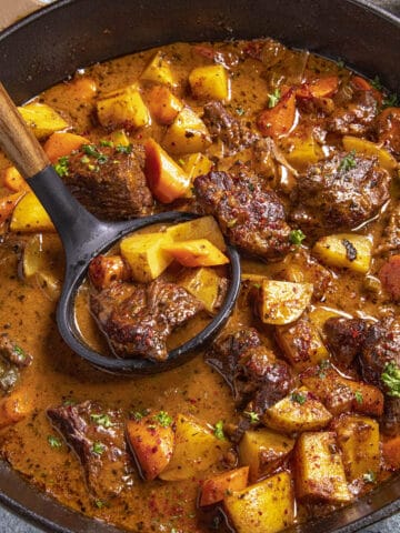 Mike serving a scoop of beef stew from the pot