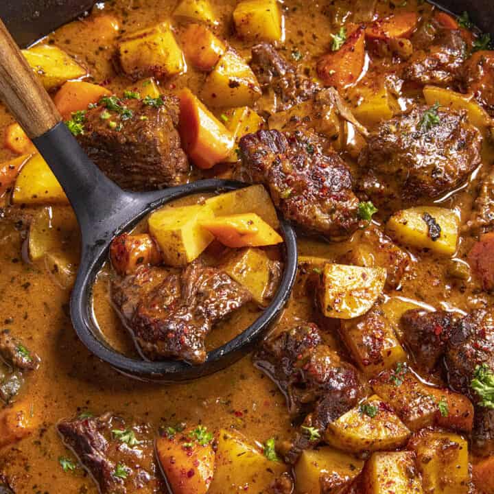 Mike serving a scoop of beef stew from the pot