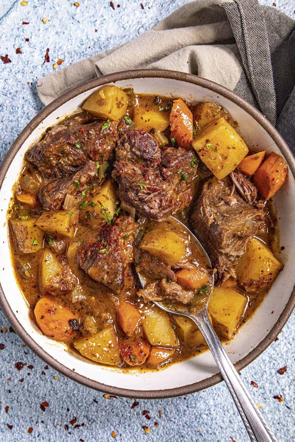 Beef stew in a bowl, ready to serve