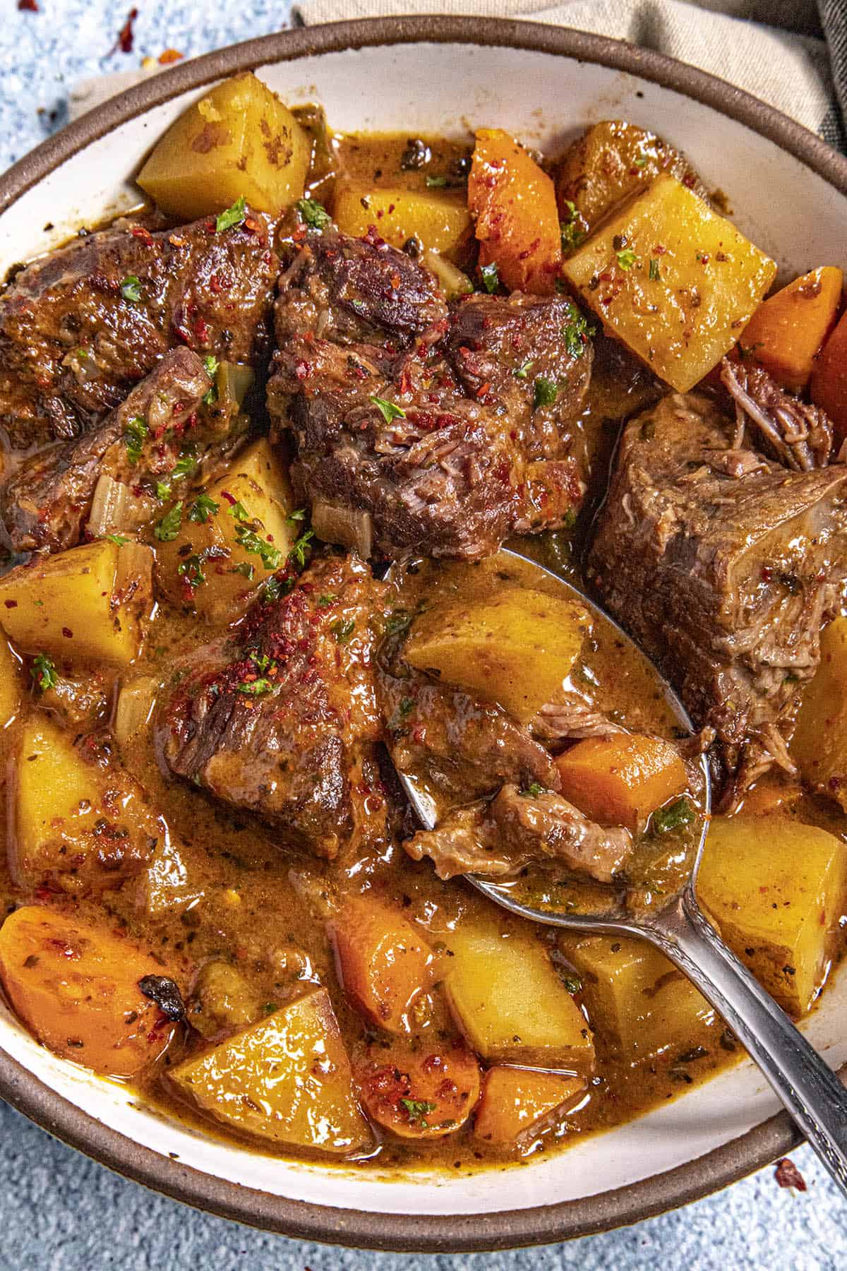 Chunky Beef Stew in a bowl with potatoes and carrots