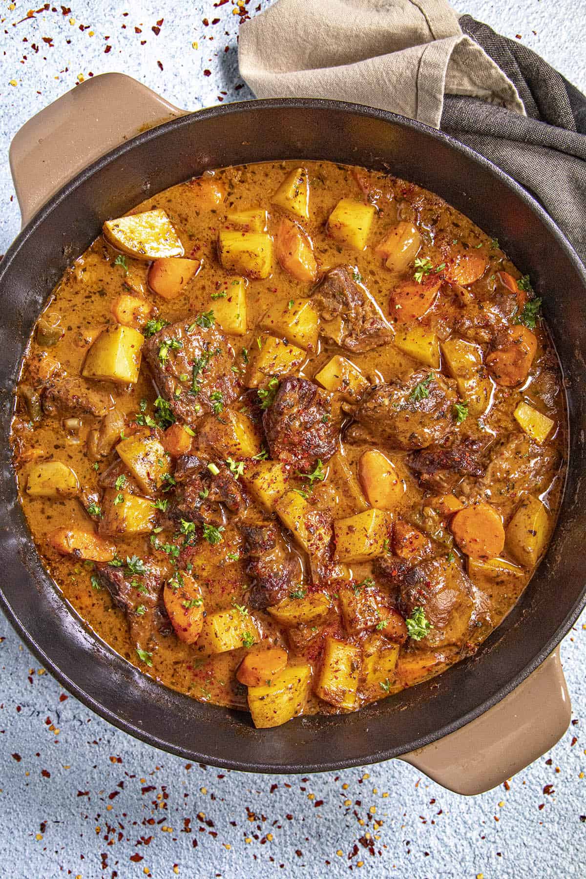 Chunky Beef Stew in a pot with potatoes and carrots