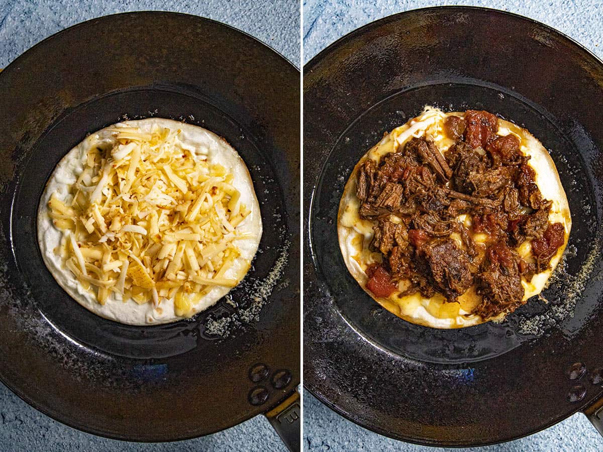 Making Birria Quesadillas in a hot pan, first melting the cheese, then topping with Mexican birria