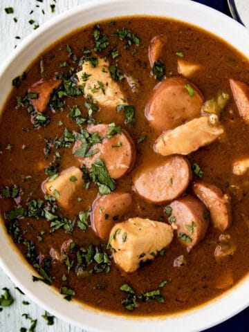 Rich and meaty Creole Chicken Sausage Gumbo Recipe in a bowl