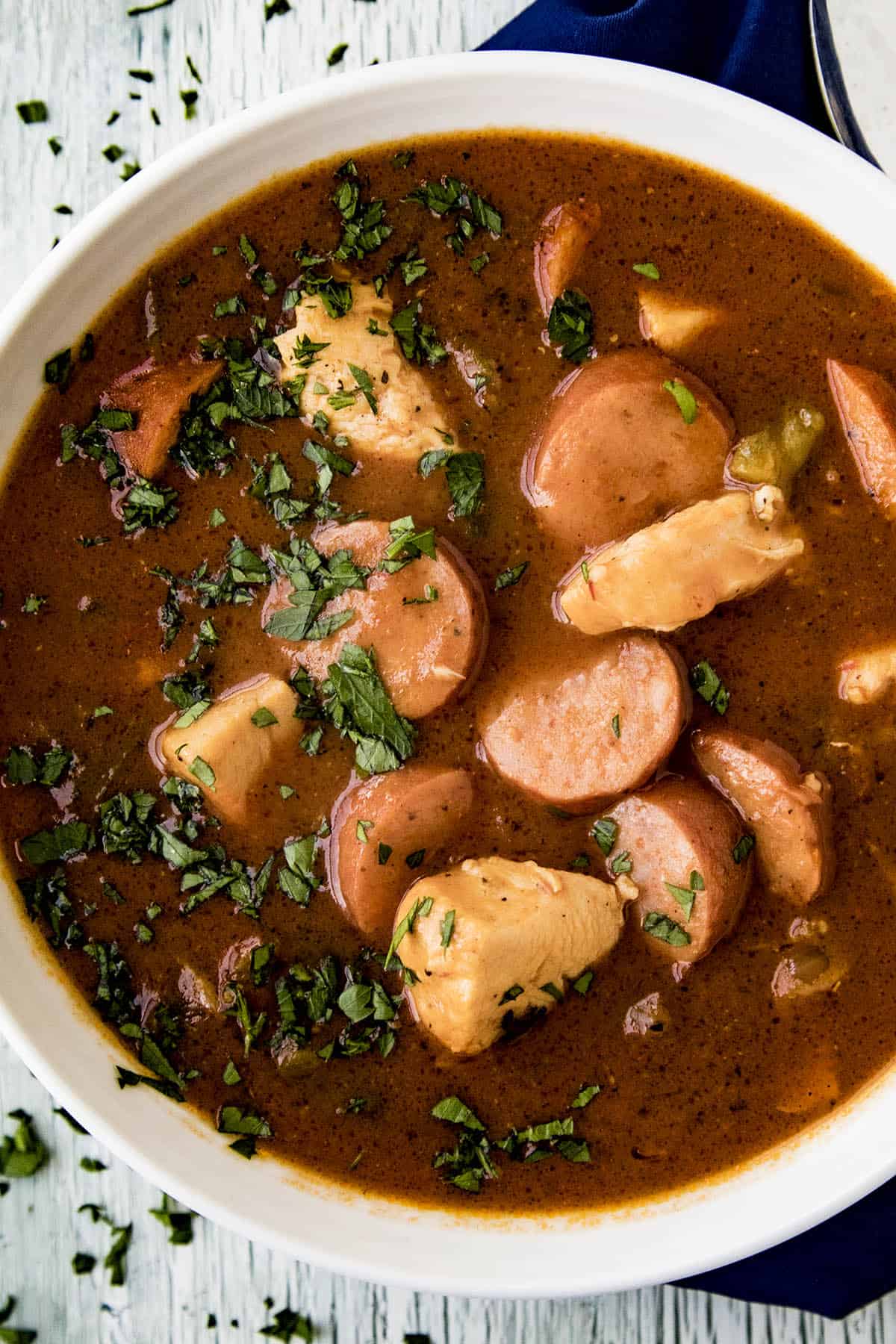 Rich and meaty Creole Chicken Sausage Gumbo Recipe in a bowl