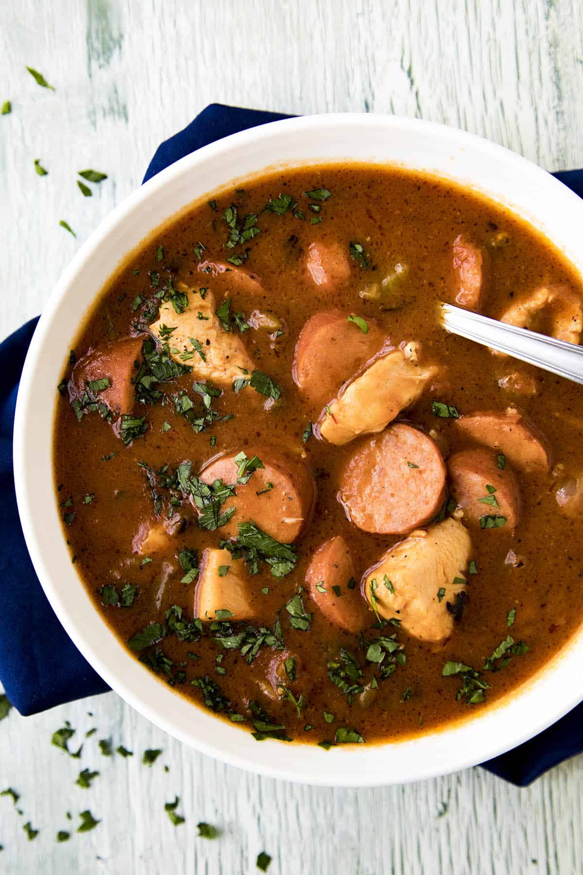 Creole Chicken Sausage Gumbo Recipe in a bowl with a spoon