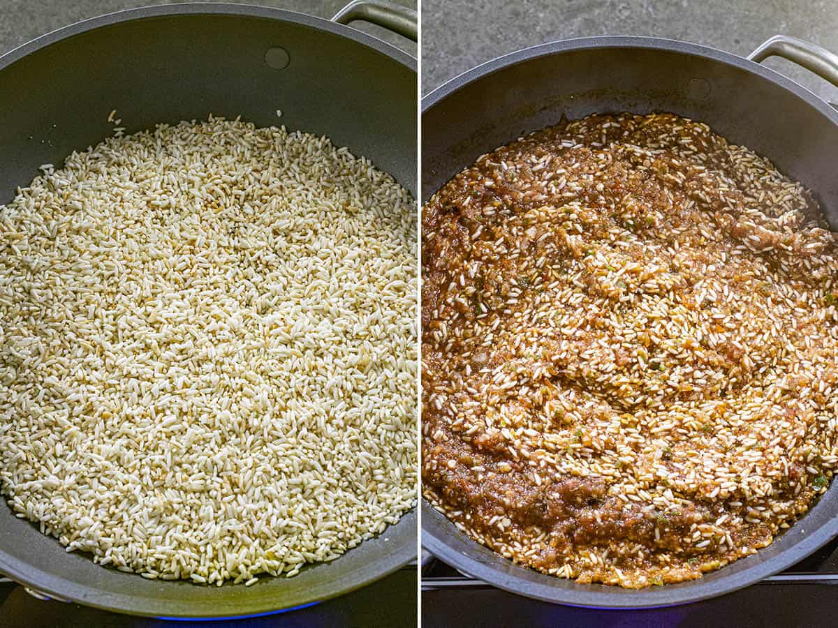 Cooking the Mexican rice ingredients in a pan, before adding liquid