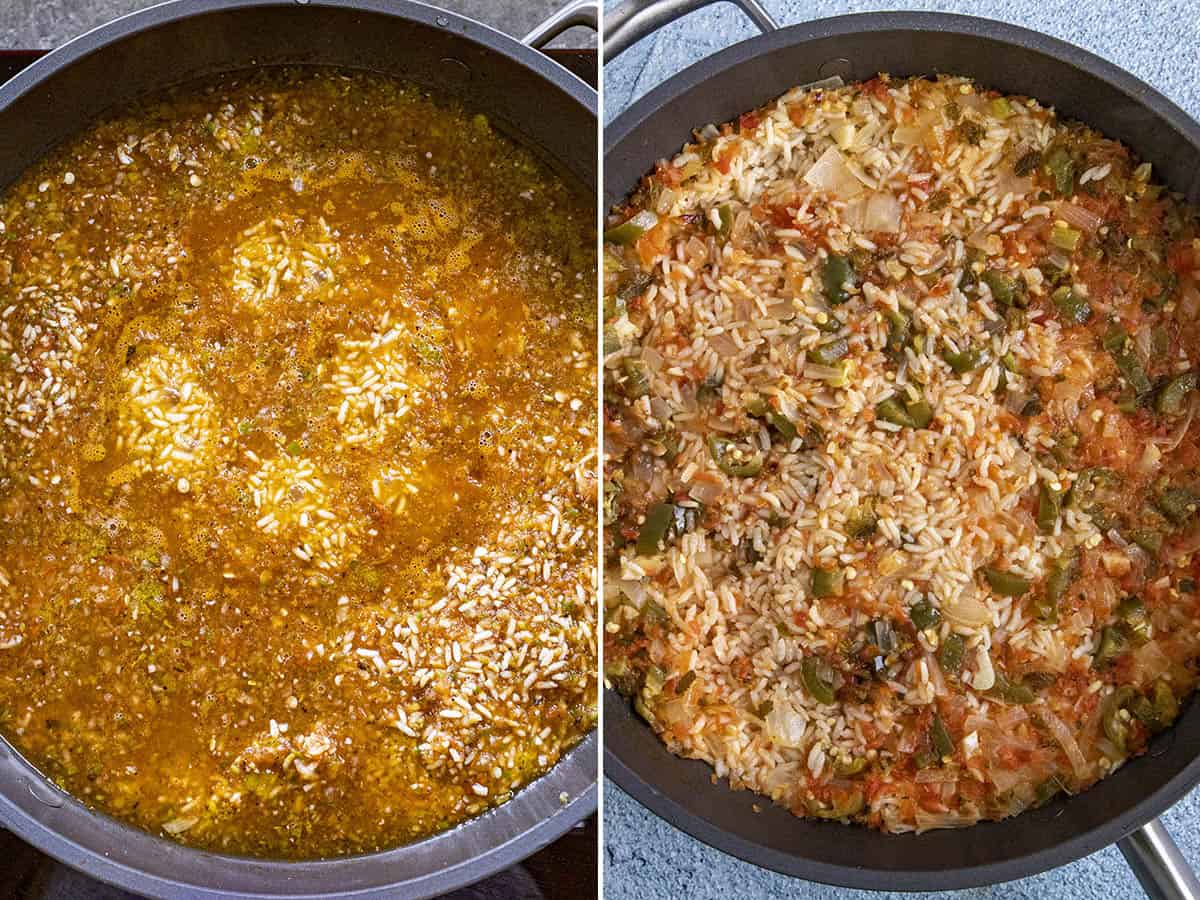 Simmering the Mexican Rice in a pan until the liquid is absorbed and the rice is fluffy