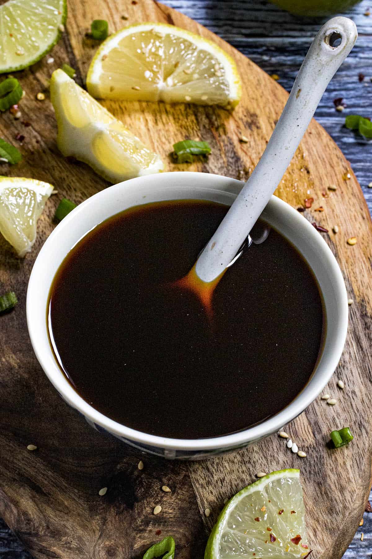 Homemade Ponzu Sauce in a bowl with a spoon