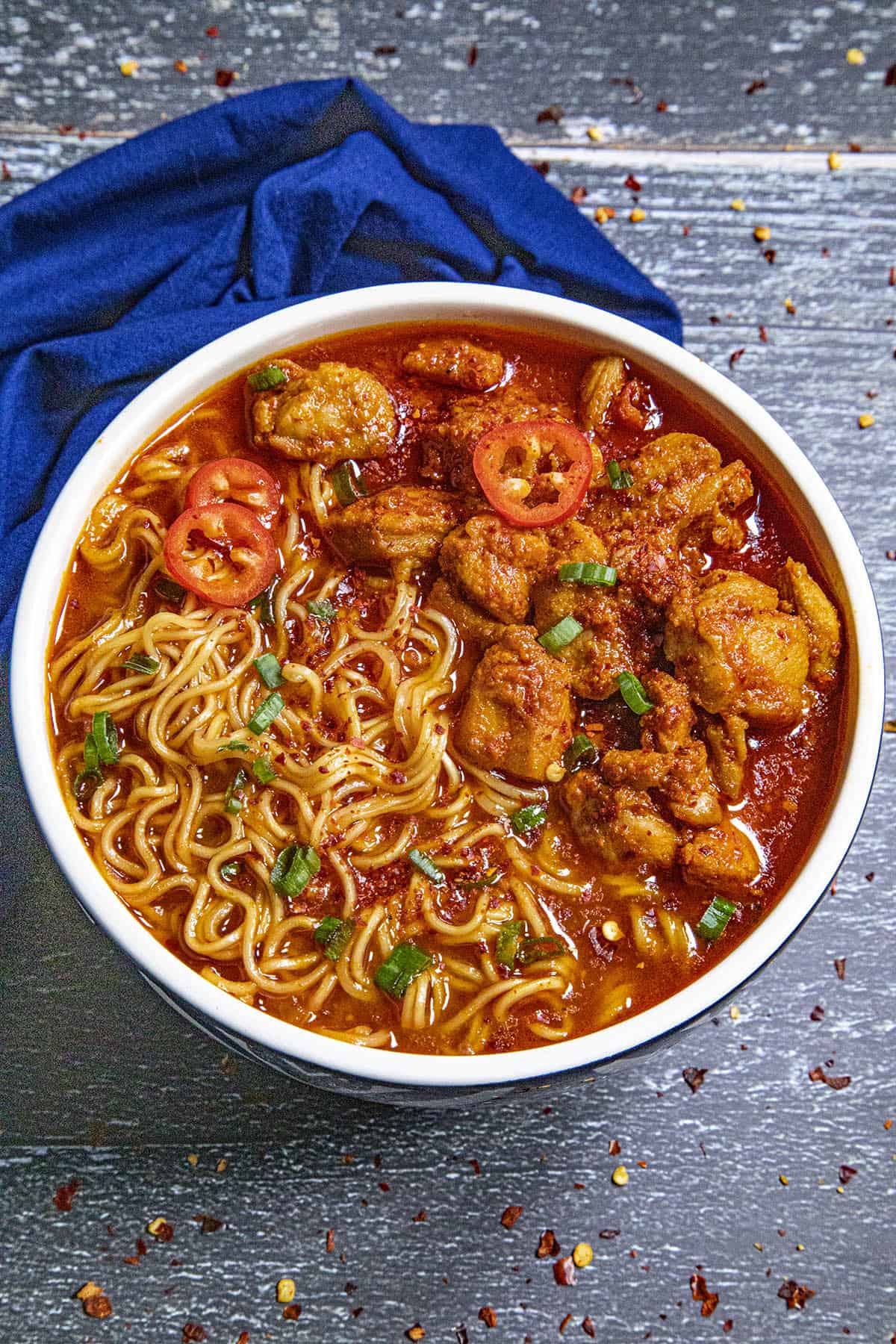 Spicy Homemade Buldak Ramen in a bowl, ready to serve