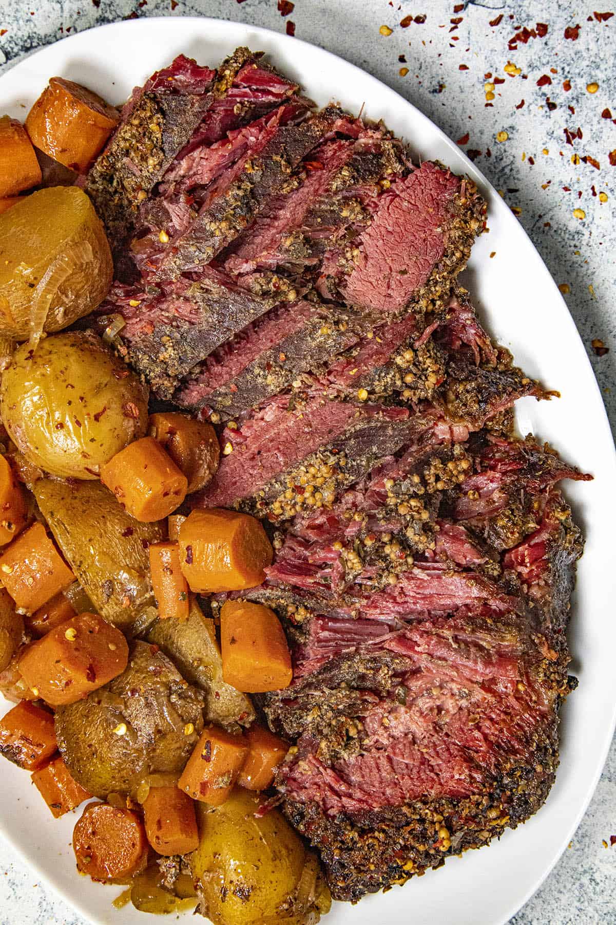 Sliced corned beef on a platter