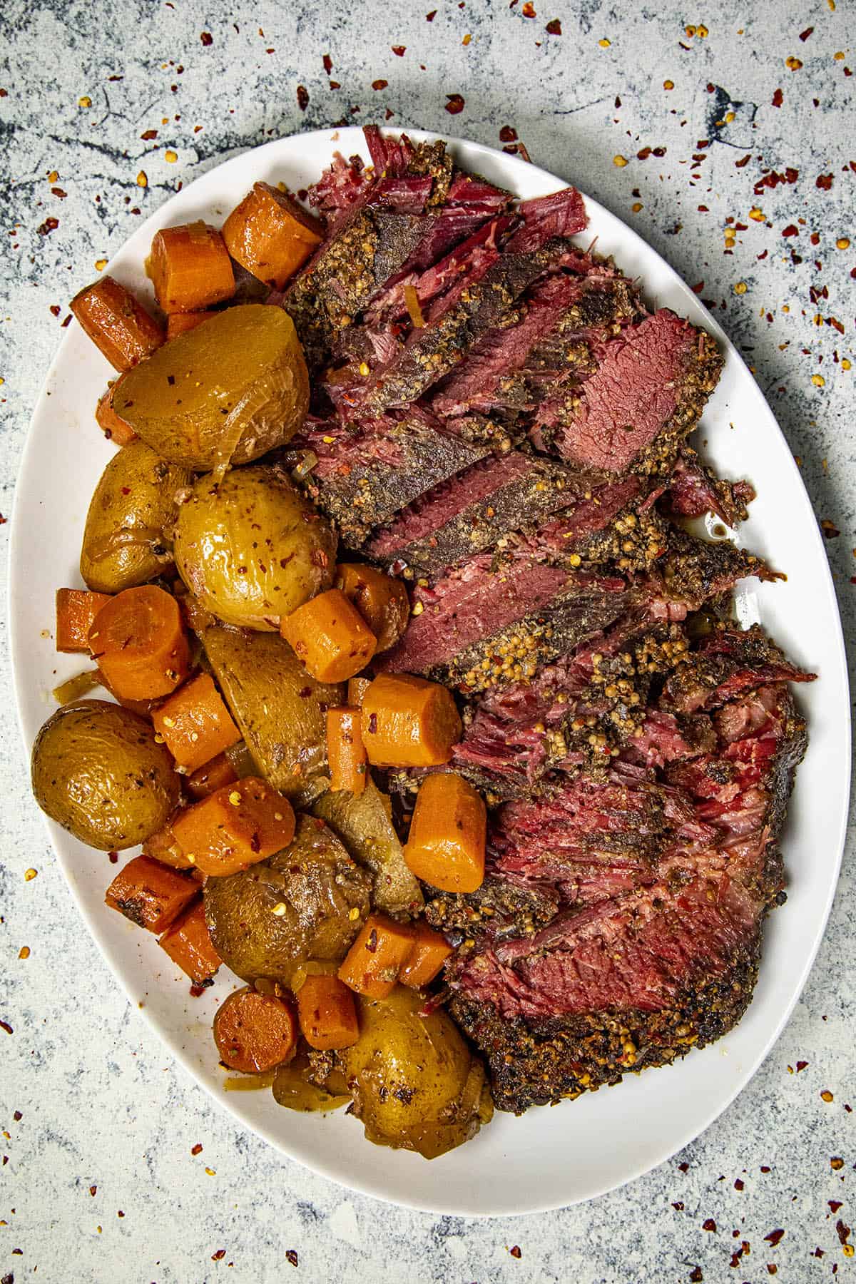 Sliced Crock Pot Corned Beef on a serving platter