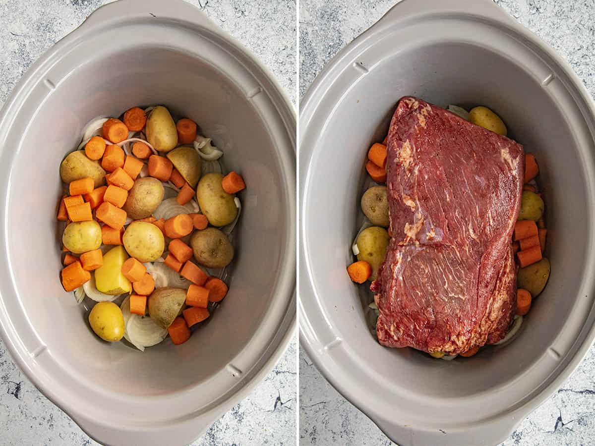 Setting the corned beef into the crock pot over the top of carrots, potatoes, and onions, ready to cook