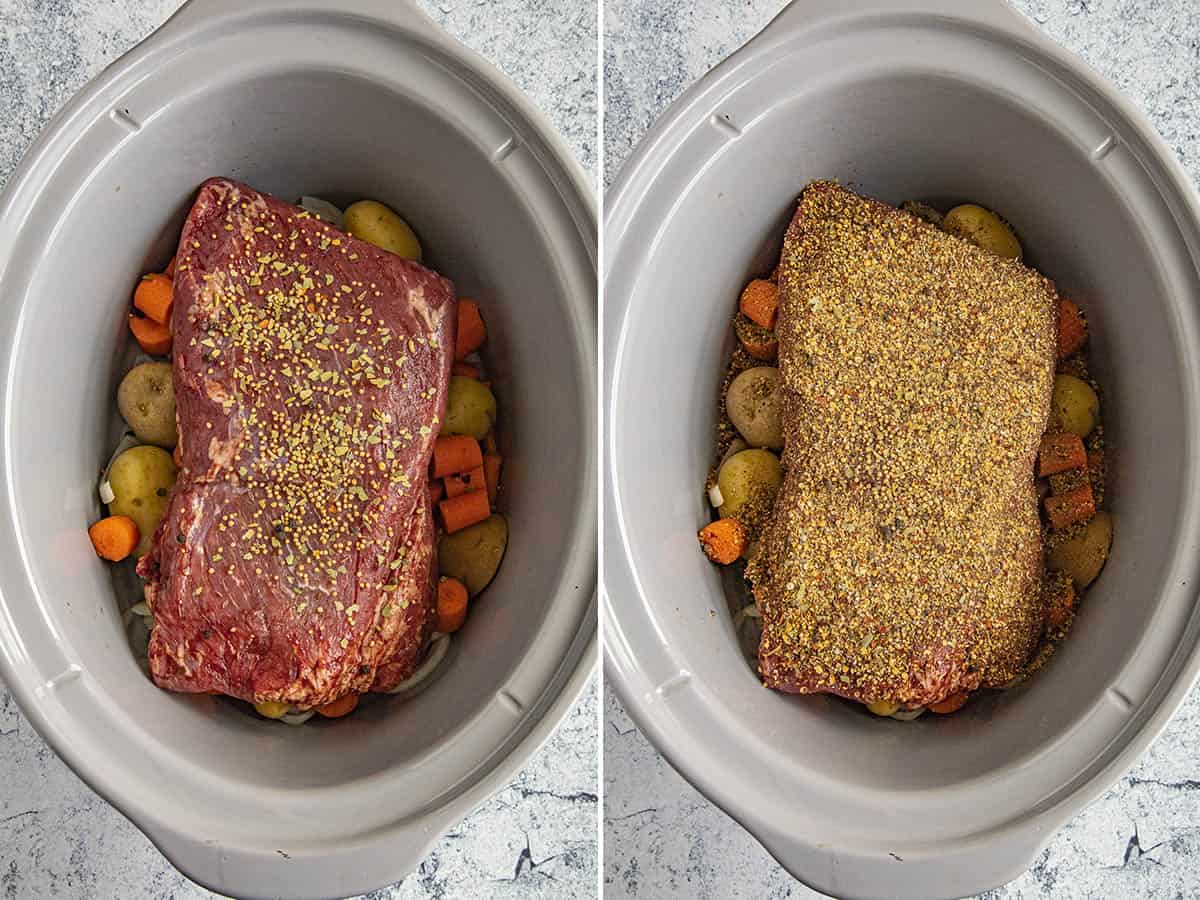 Corned beef in a crock pot with lots of seasonings, along with carrots, potatoes, and onions, ready to cook