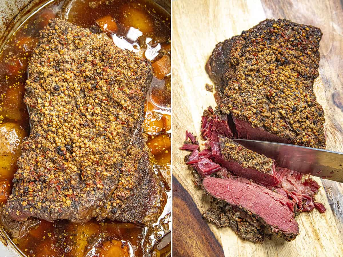 Seasoned corn beef just out of the crock pot, and sliced corned beef on a cutting board