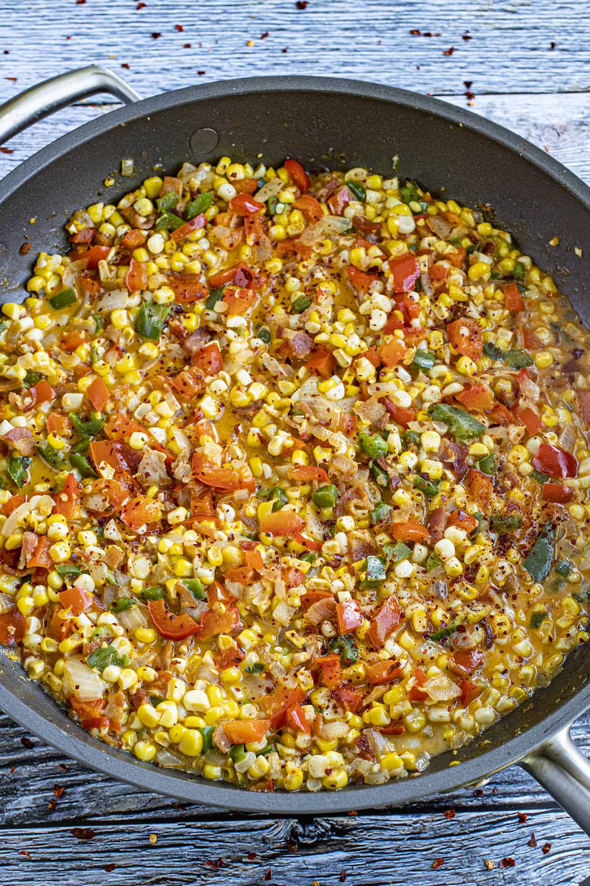 Cajun Corn Maque Choux in a pan, ready to serve