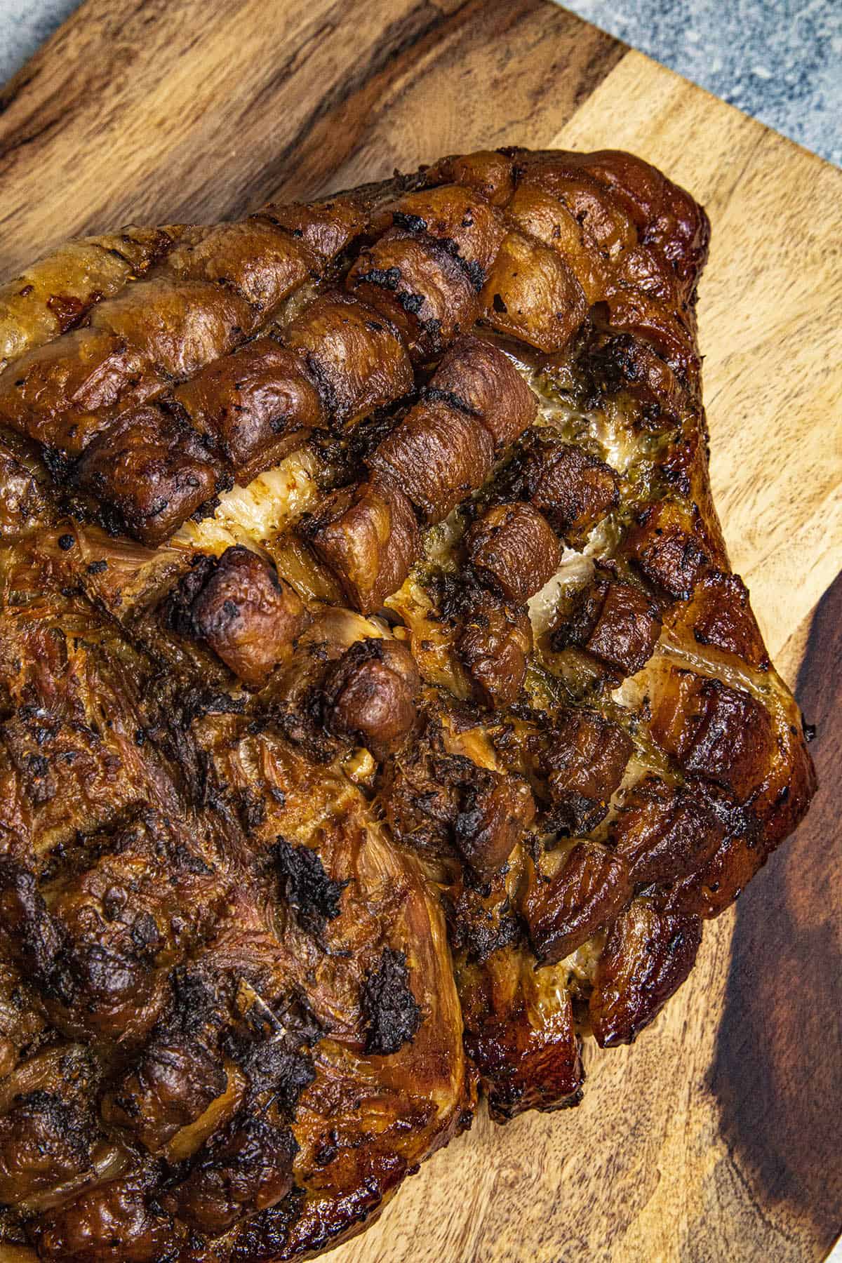 Puerto Rican Roast Pork (aka Pernil) on a cutting board