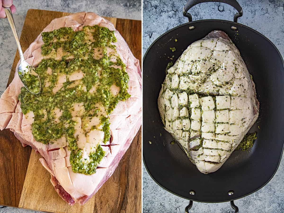 Marinating and roasting pernil in a roasting pan