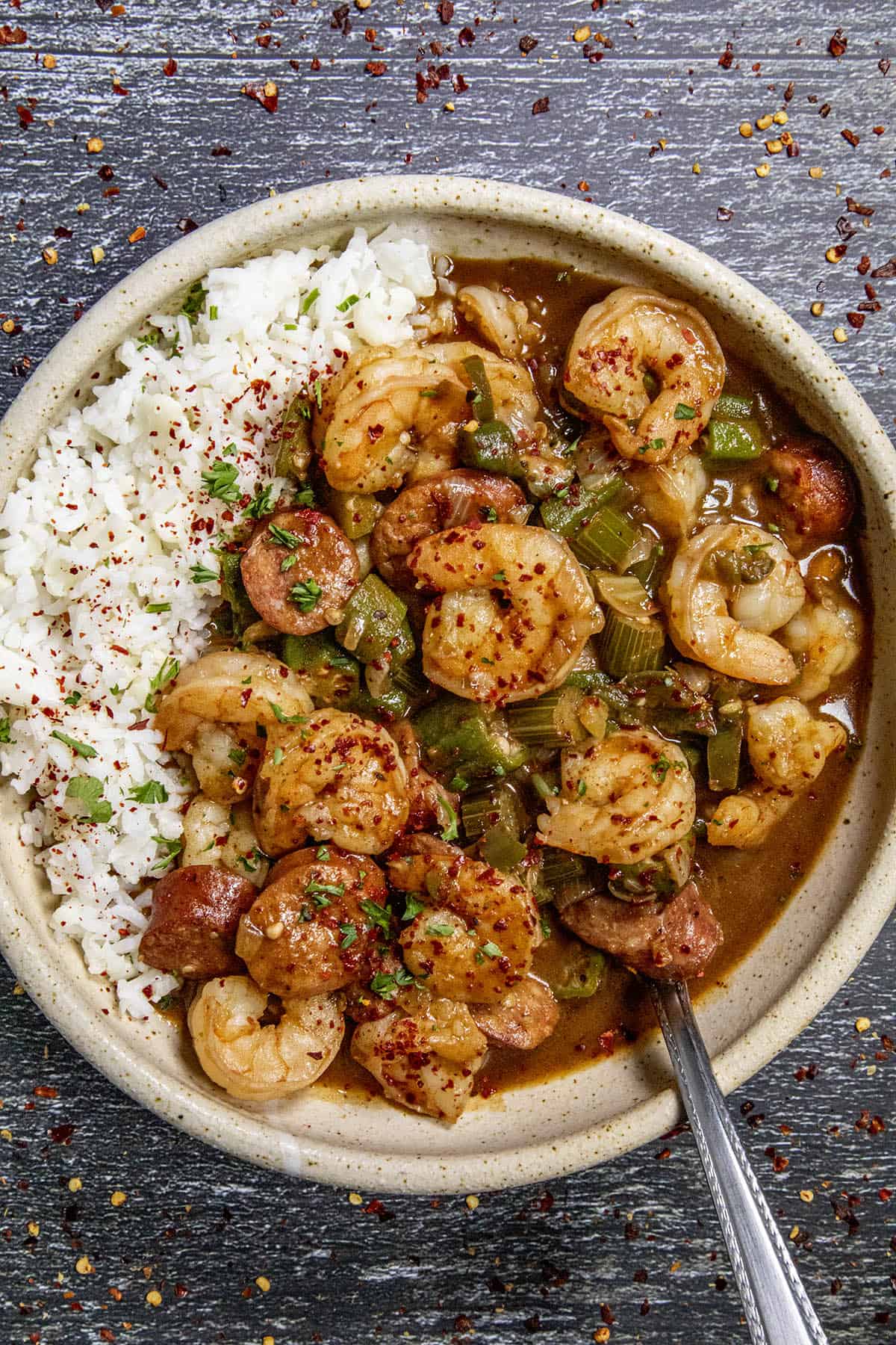Shrimp Gumbo in a bowl with rice
