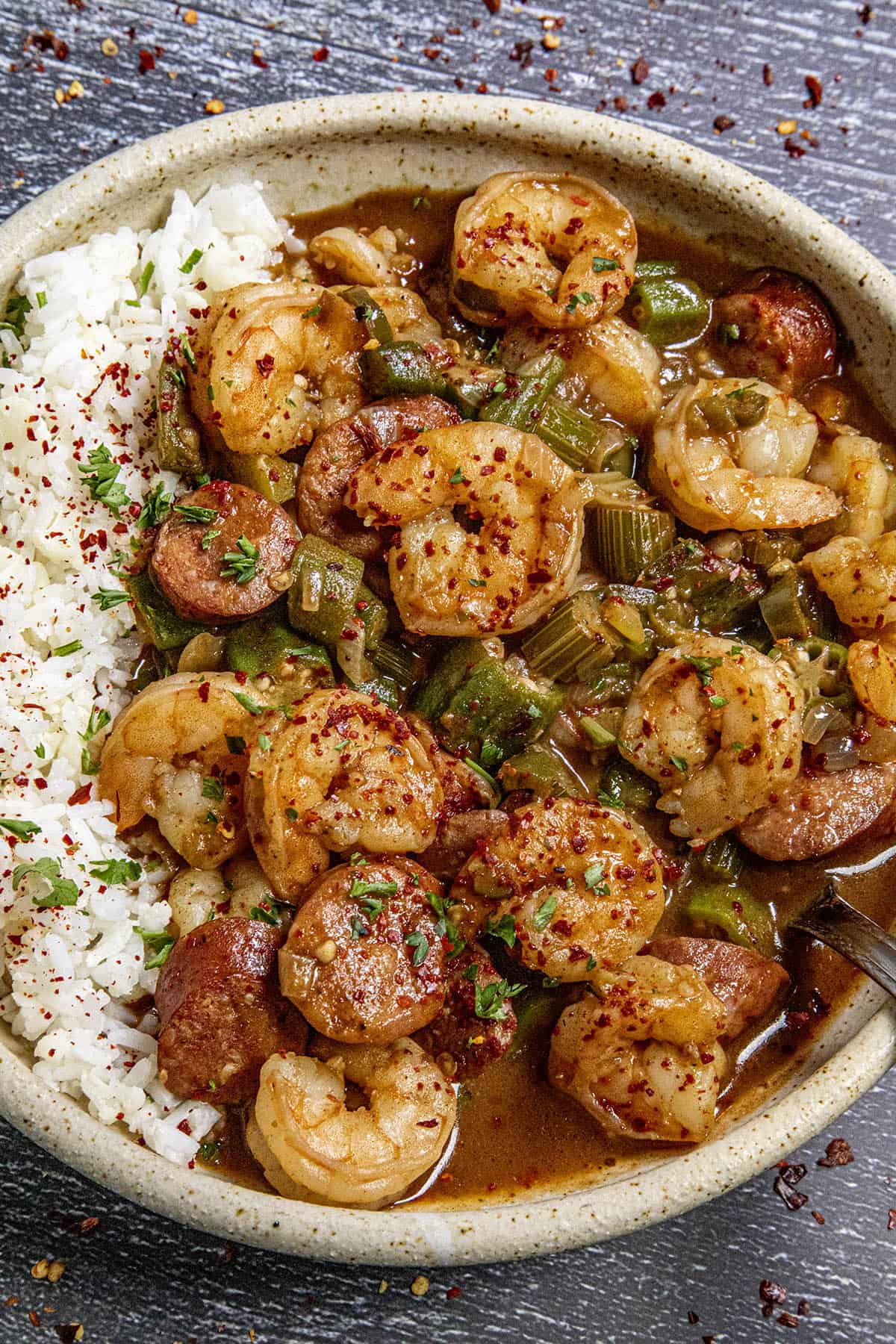 Spicy Shrimp Gumbo in a bowl with loads of succulent shrimp