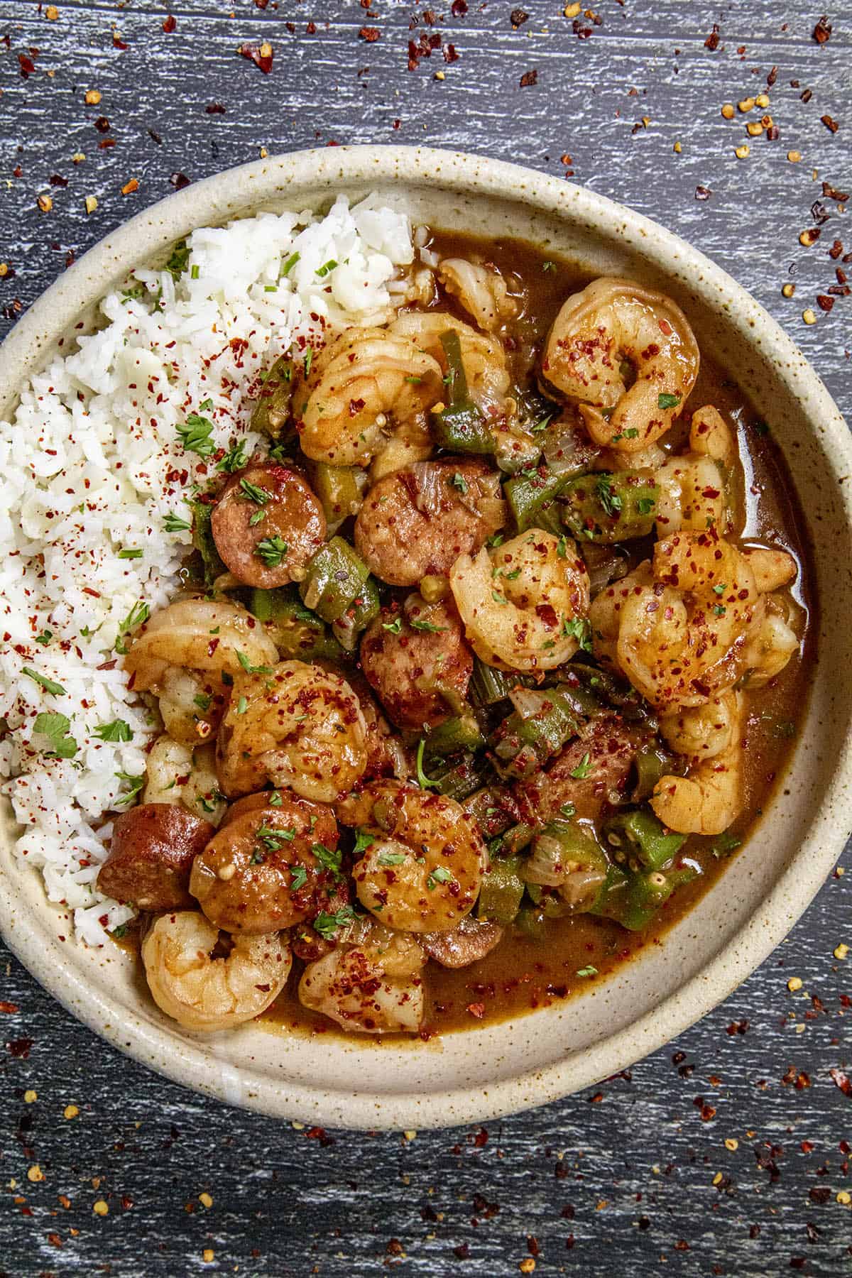 A bowl of Shrimp Gumbo with lots of shrimp and andouille