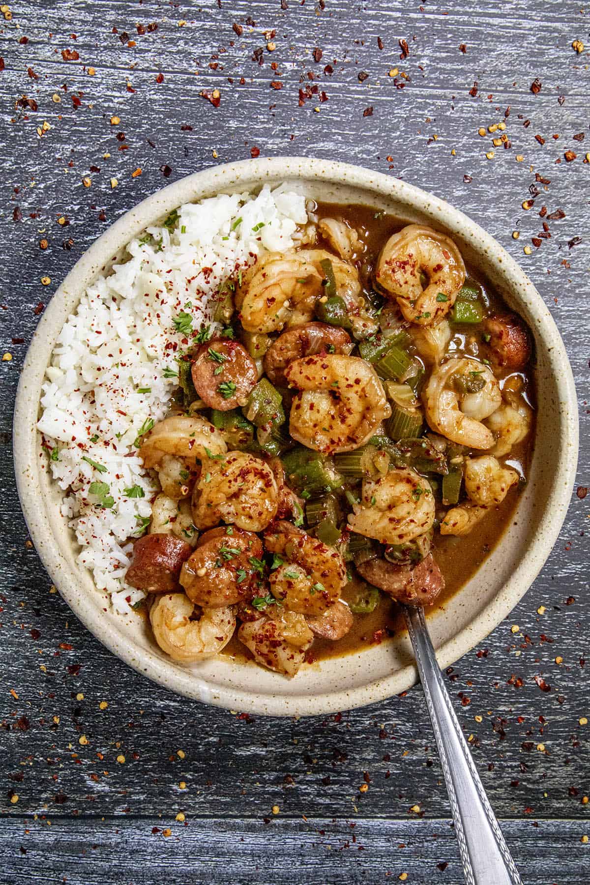A bowl of Shrimp Gumbo, ready to serve