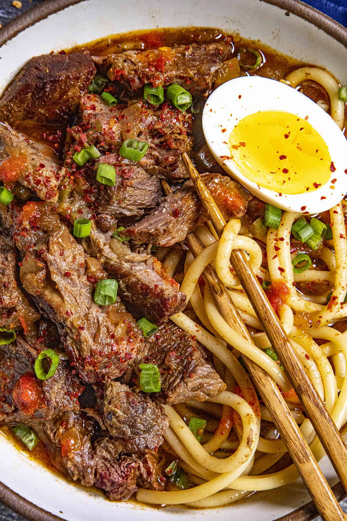 Creole Beef Noodle Soup, yakamein, in a bowl