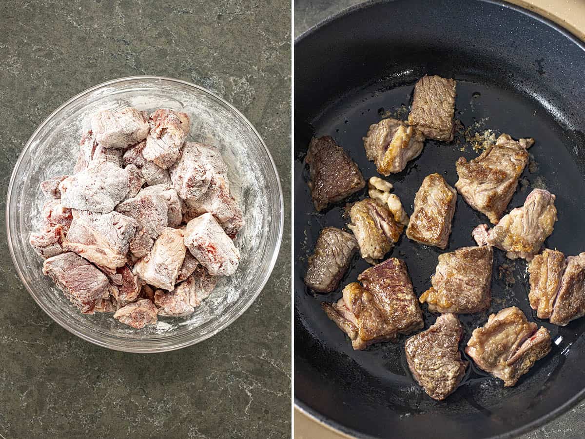 Browning chunks of beef chuck to make Chili Colorado