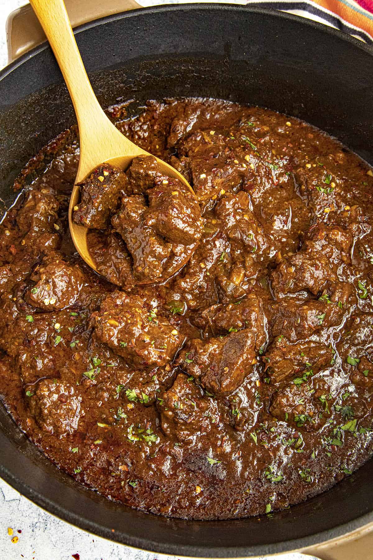 Chili Colorado on a serving spoon