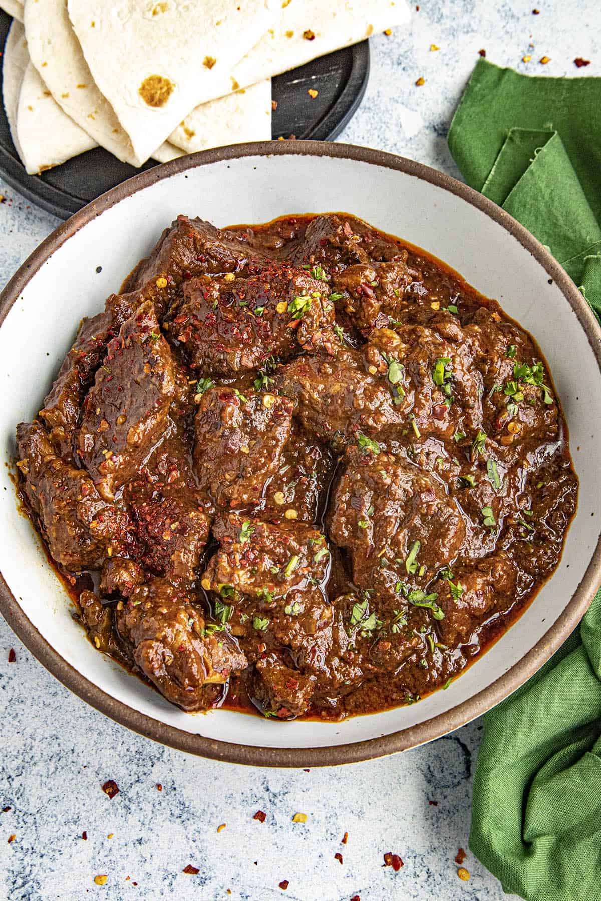 A big bowl of Chili Colorado, ready to serve