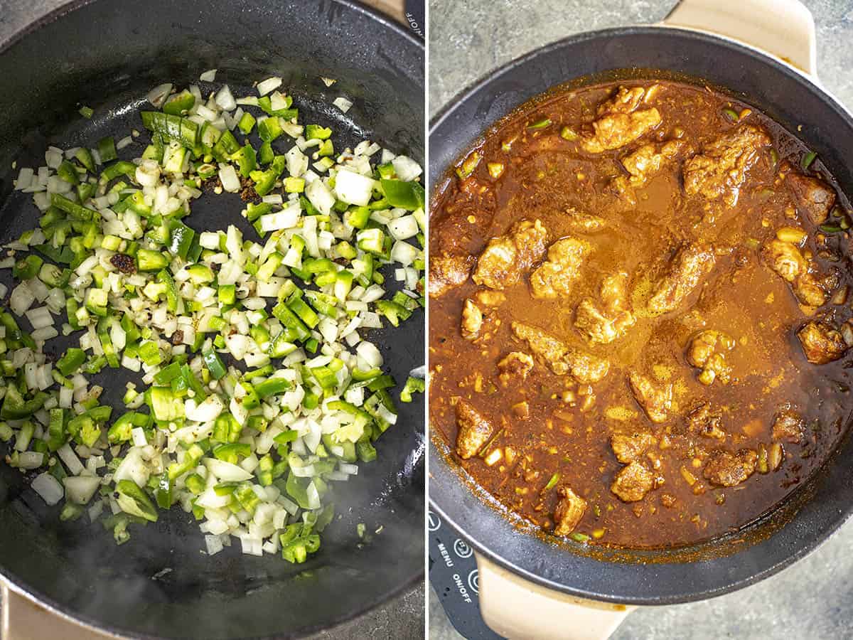 Cooking vegetables and a simmering pot of Chili Colorado