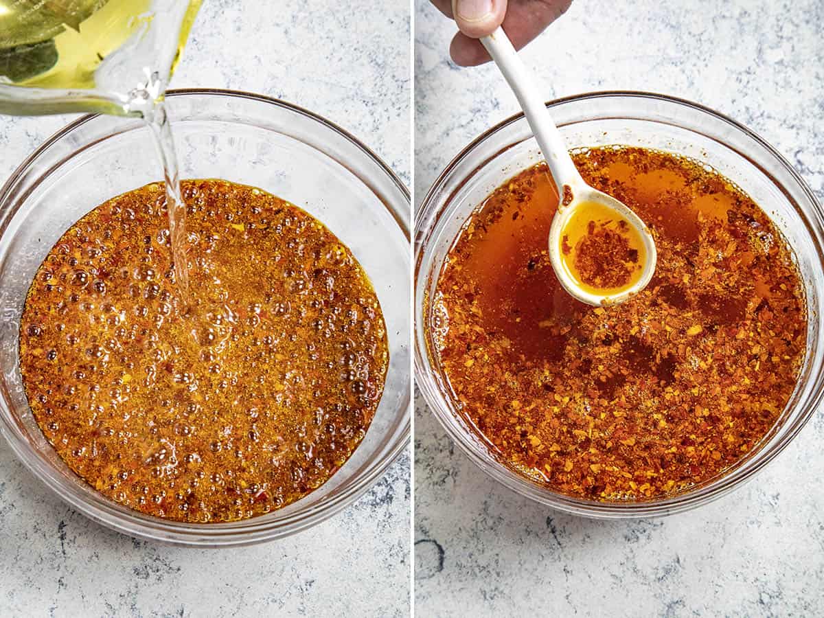 Pouring hot oil over chili flakes and spices to make the best chili oil