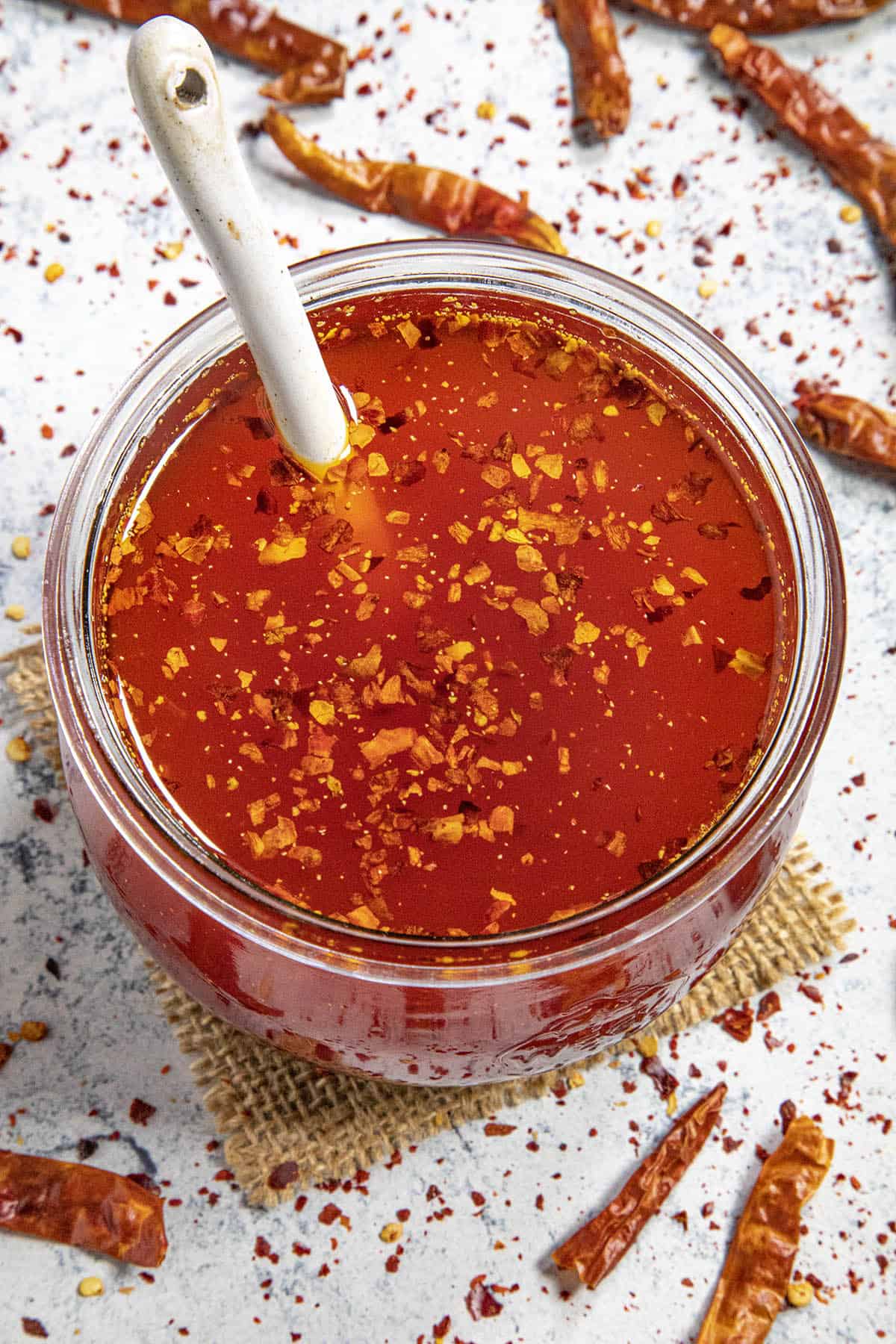 Homemade chili oil in a jar, ready to serve