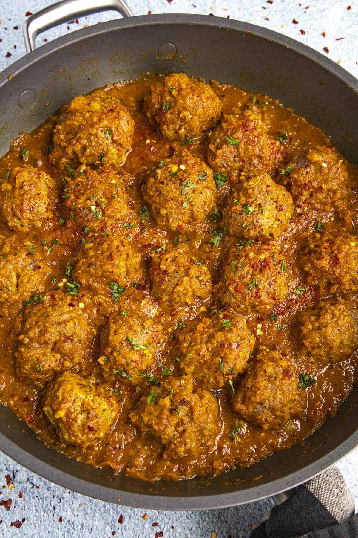 Curried Meatballs in a pan, ready to serve