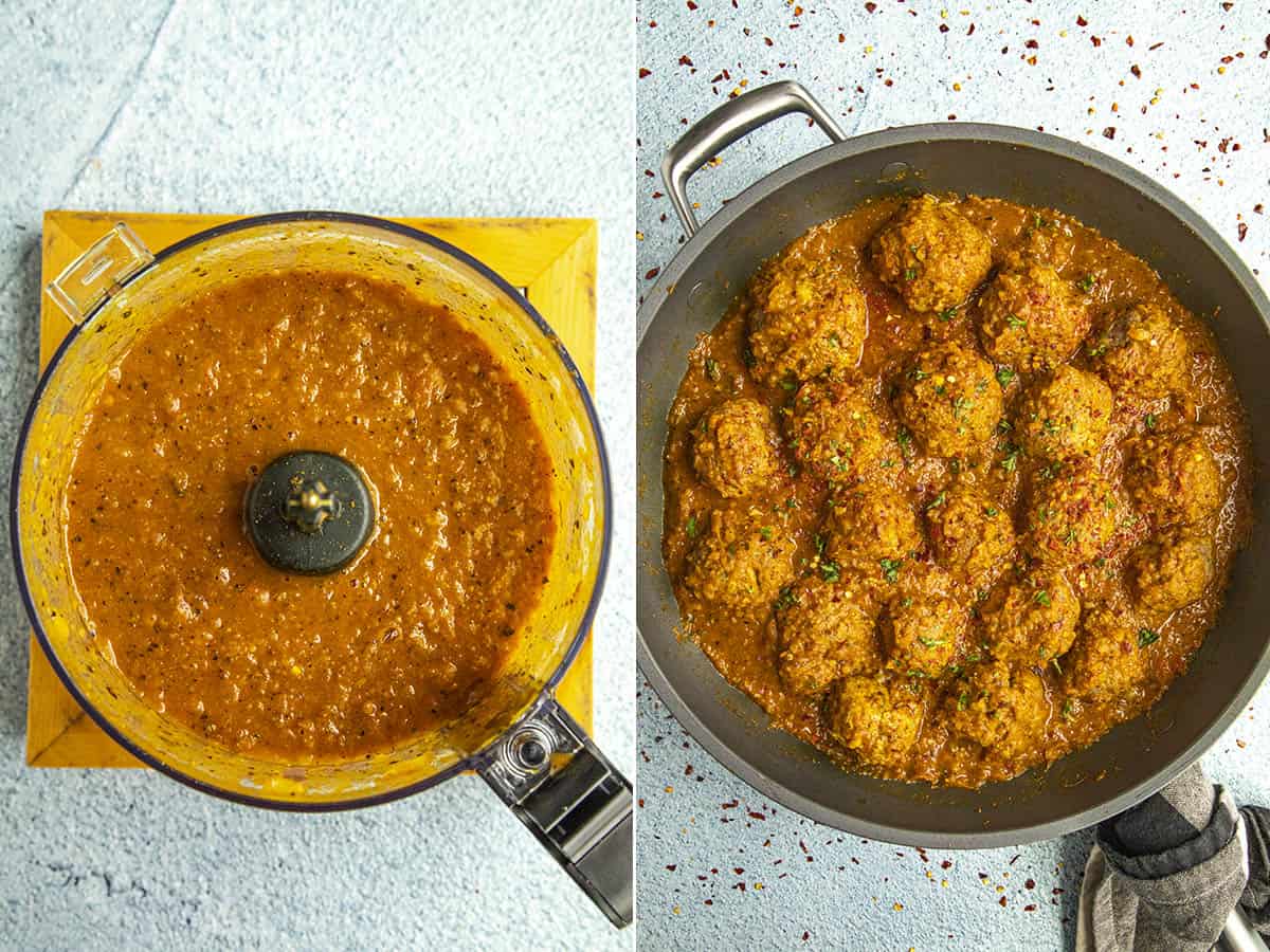 Curried Meatballs sauce and simmering meatballs