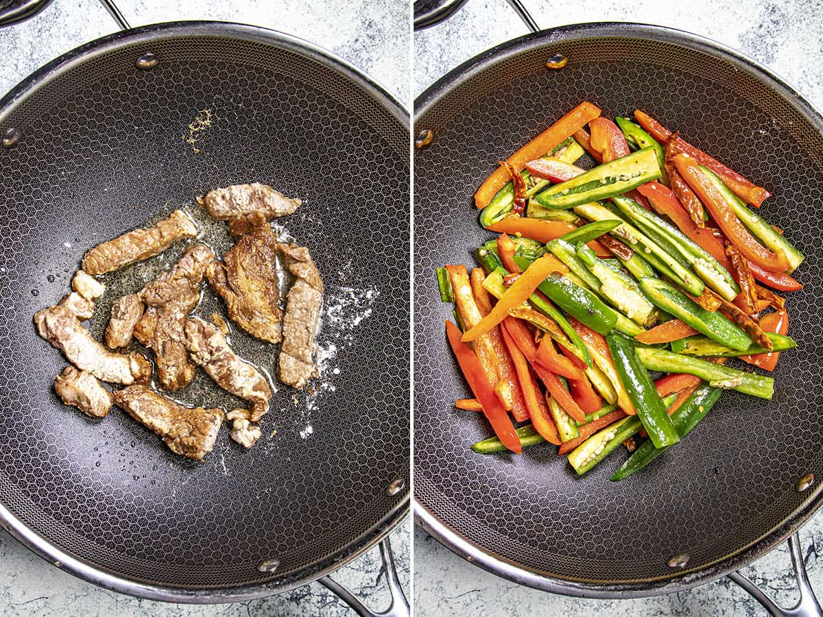 Stir frying beef and peppers to make Hunan beef