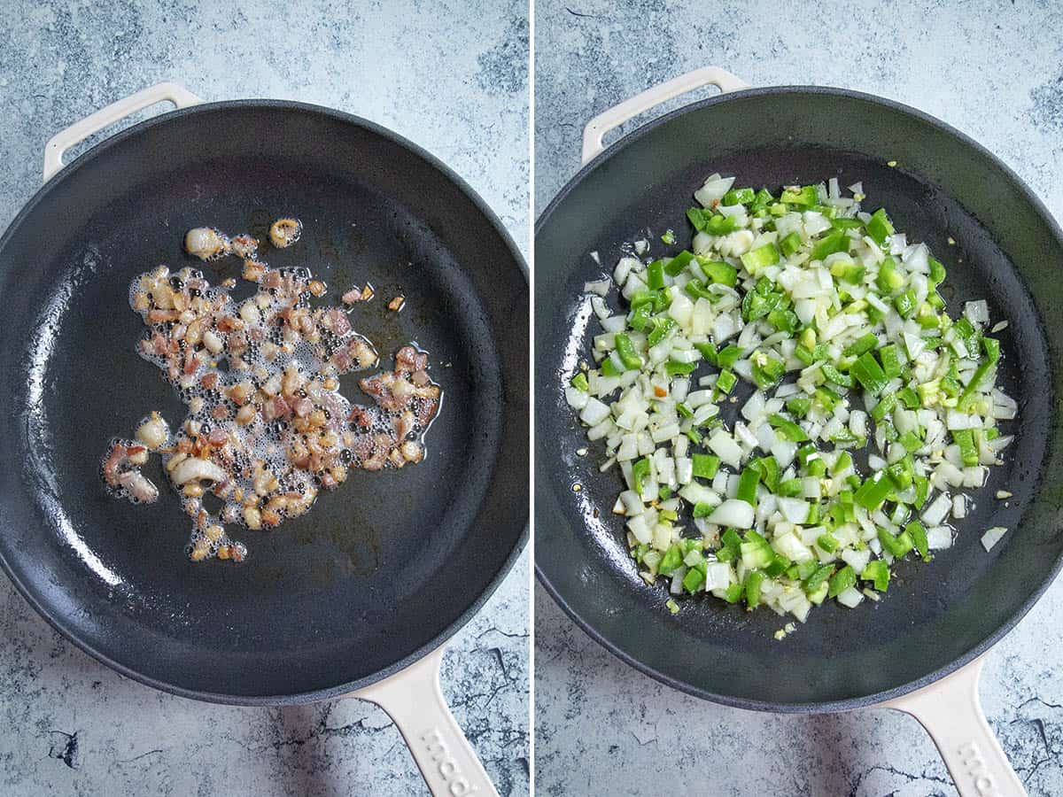 Cooking bacon and vegetables in a pan to make Charleston red rice