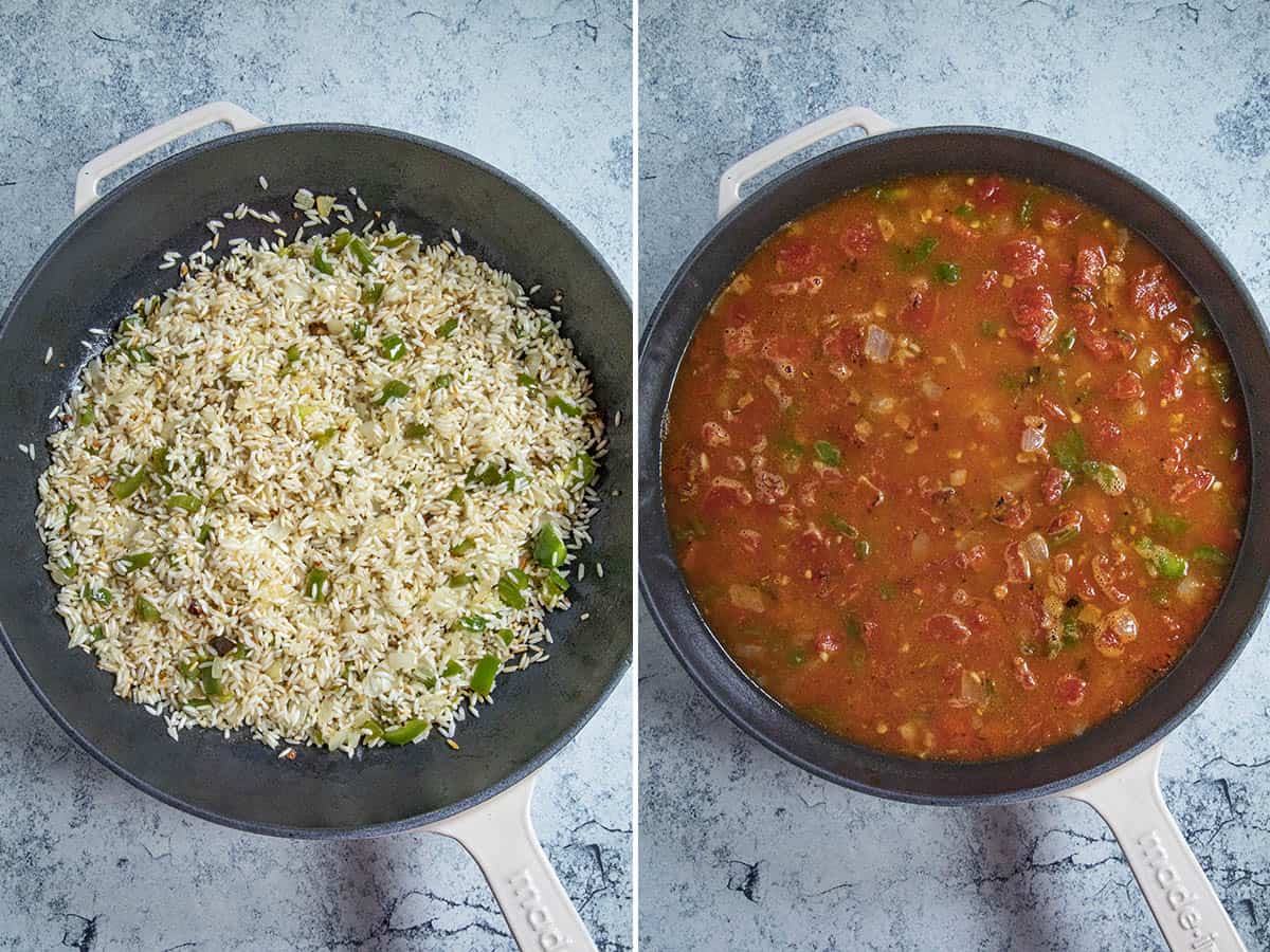 Toasting rice in a pan, and adding the tomatoes, stock, and seasonings to make red rice