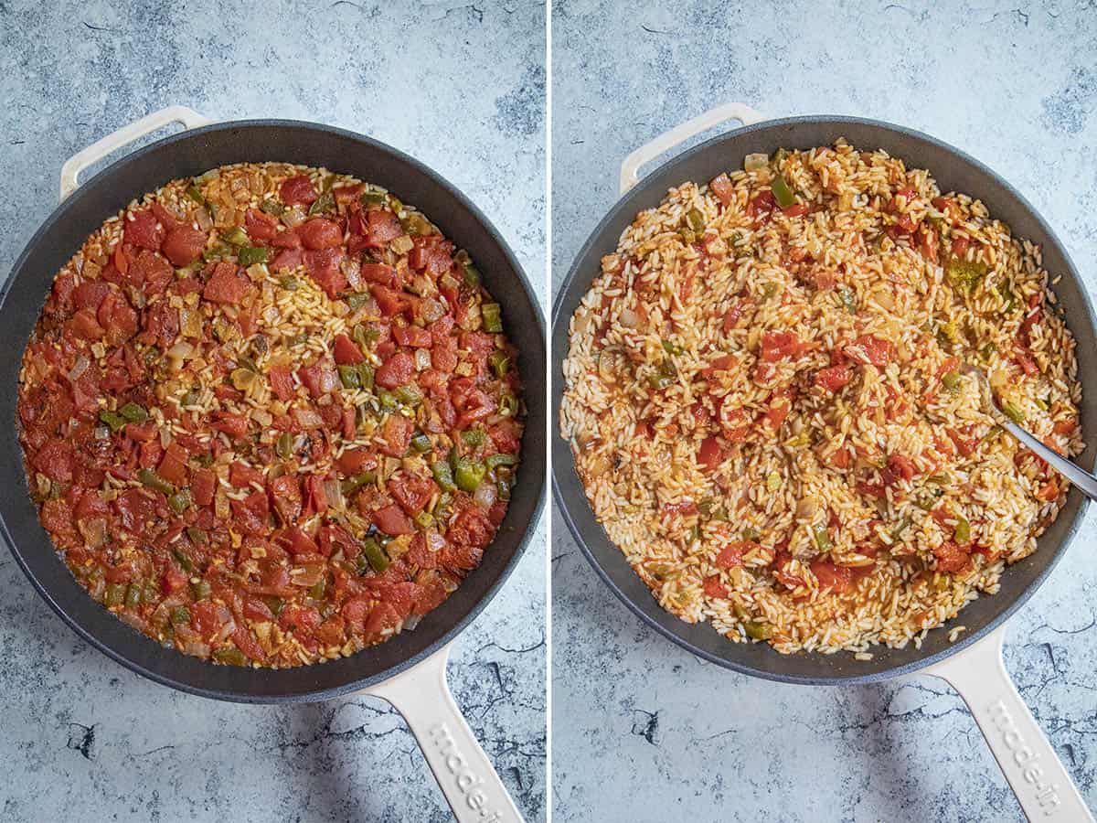 Simmered red rice in a pan, and fluffing the red rice