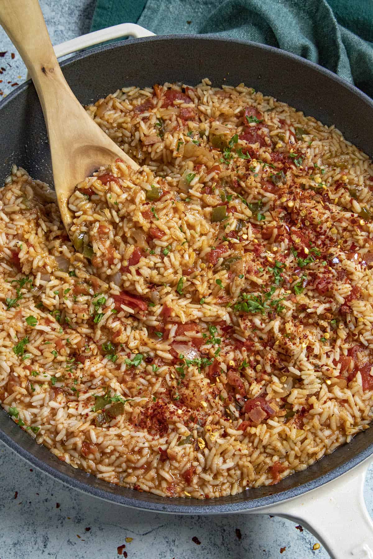 A pan of Charleston Red Rice, ready to serve
