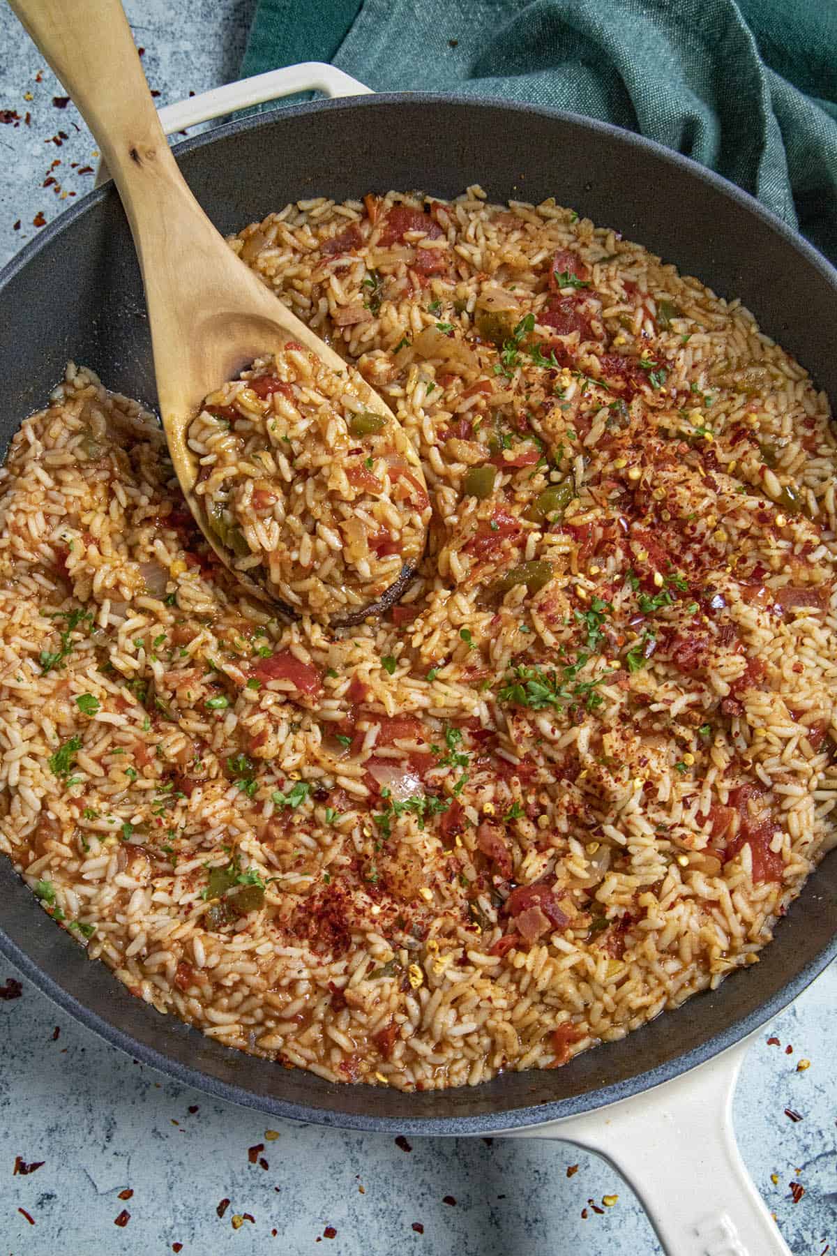 A pan of Charleston Red Rice with serving spoon