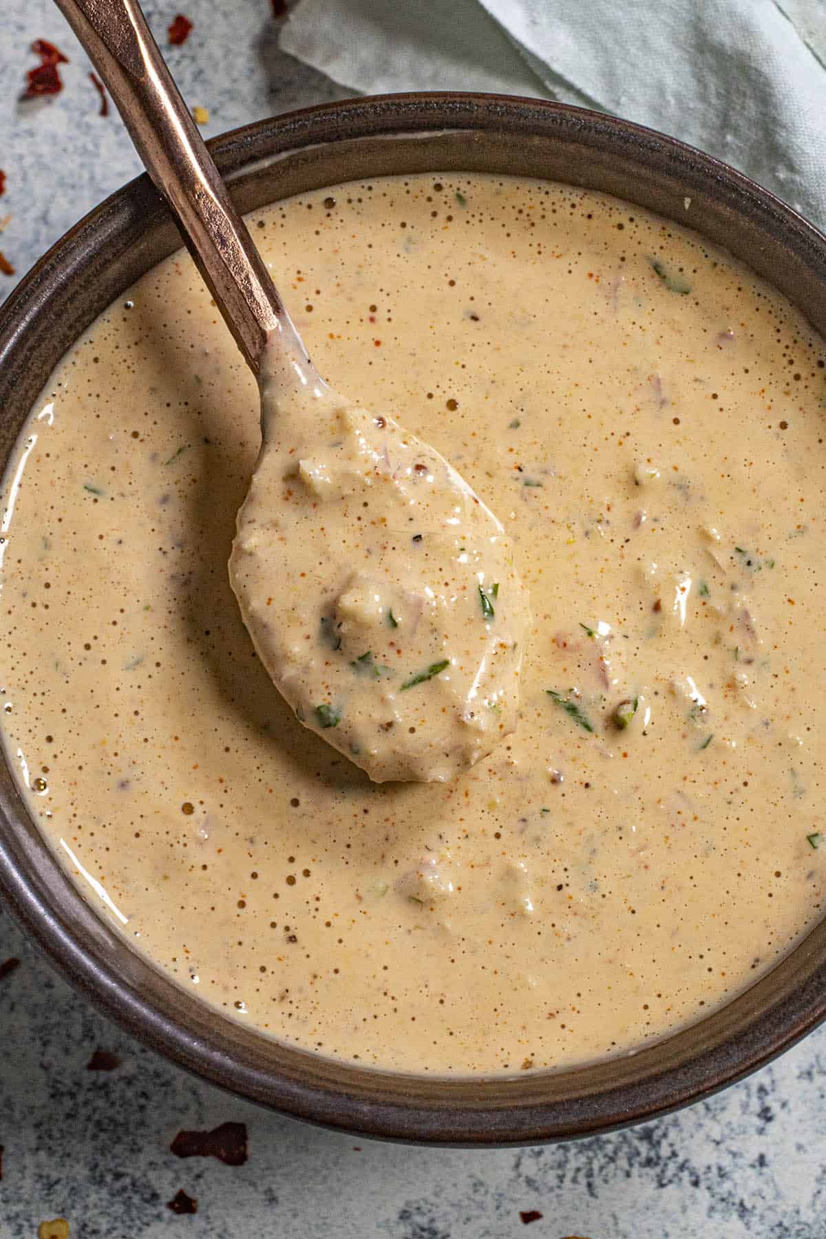 Cajun remoulade sauce on a spoon