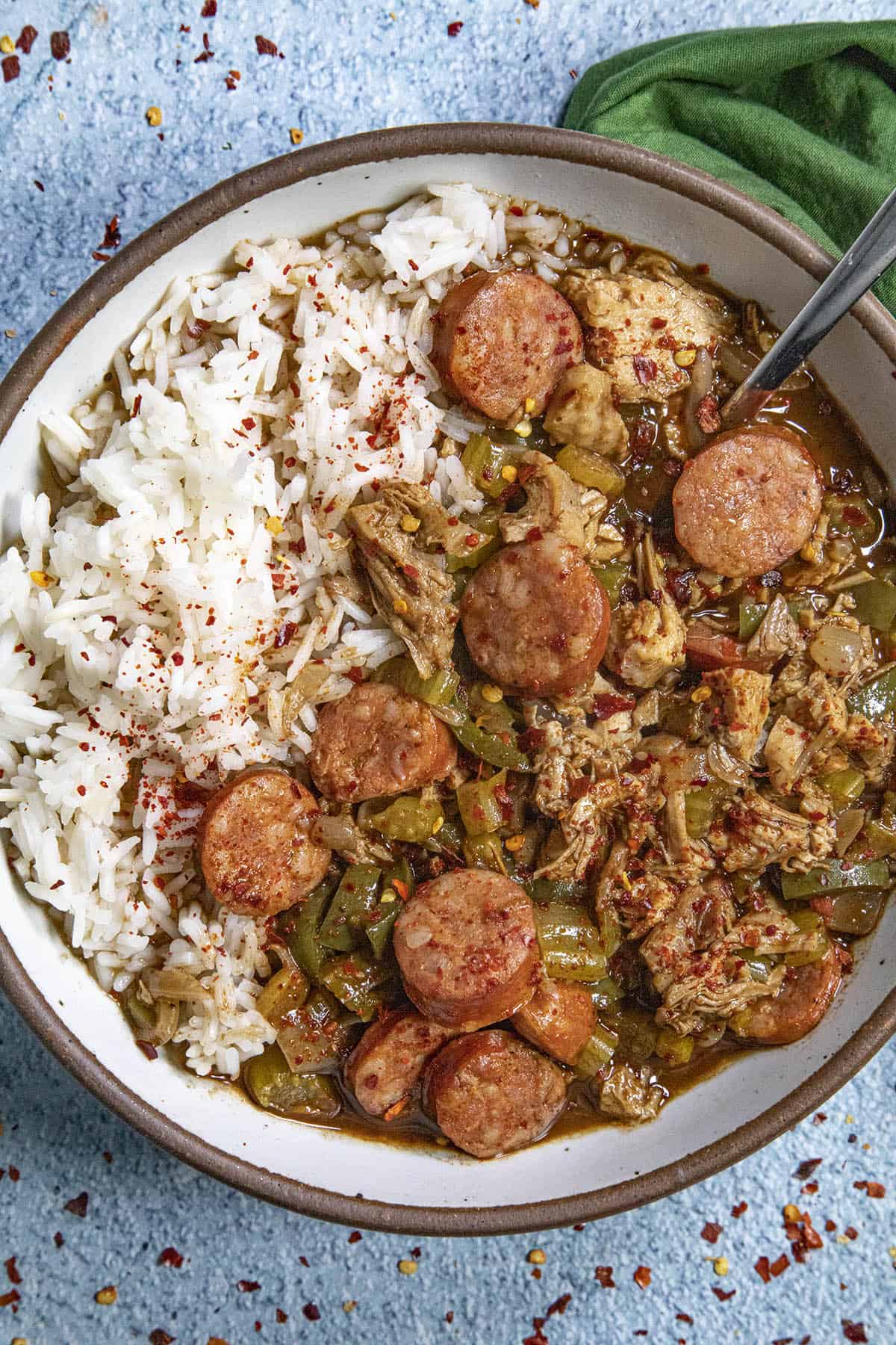 Homemade Turkey Gumbo in a bowl with lots of andouille and turkey