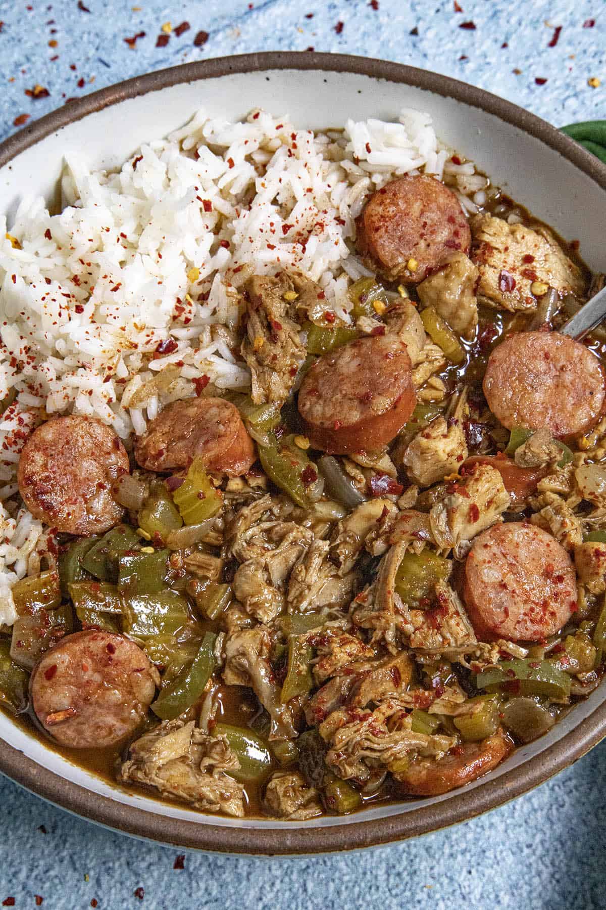 Homemade Turkey Gumbo in a bowl with rice