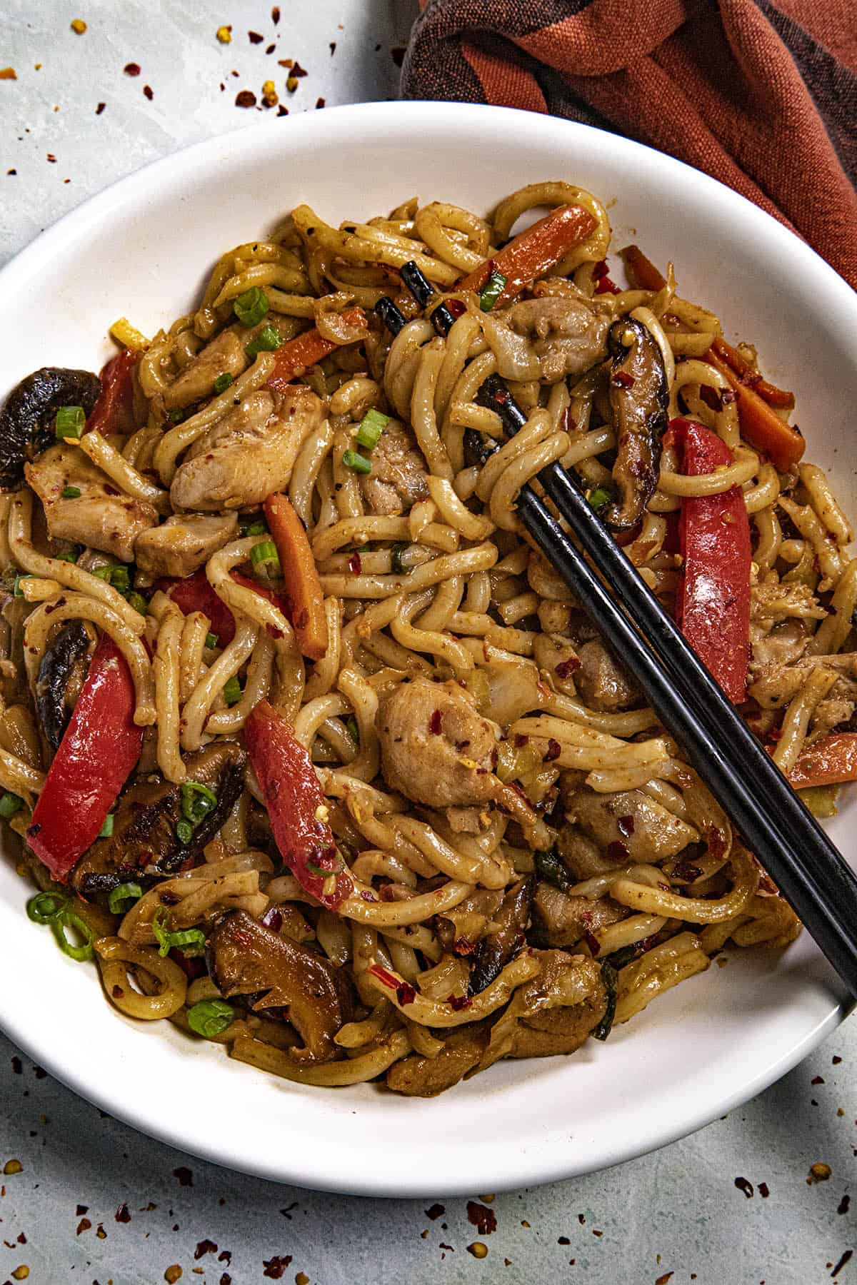 Yaki Udon served in a big white bowl