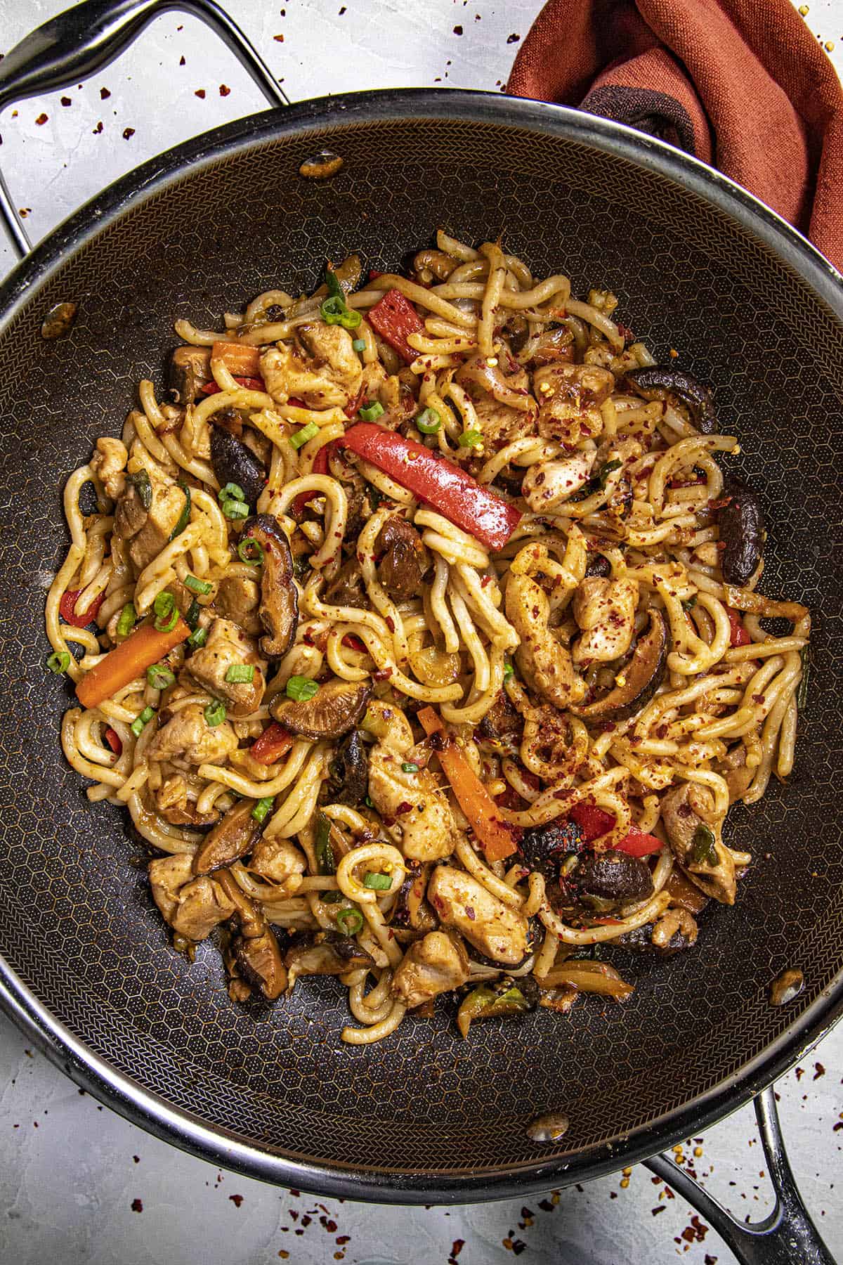 Chicken Yaki Udon Noodles in a wok with vegetables