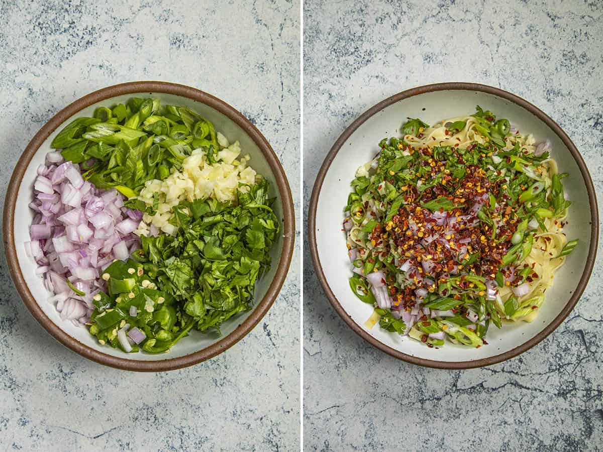 Toppings and noodles for making Chili Oil Noodles