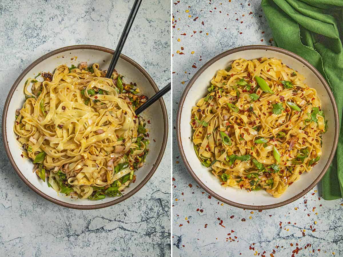 Mixing and garnishing Chili Oil Noodles in a serving bowl