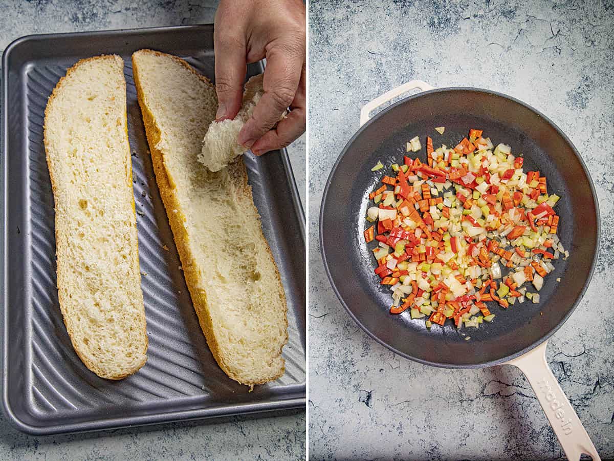 Mike scooping bread from the Italian bread, and cooking vegetables to make crawfish bread